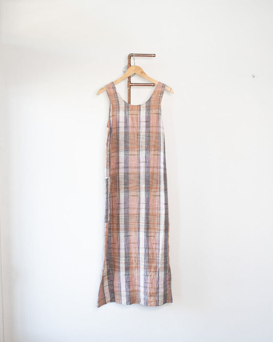 Linen Plaid Button Down Dress, Size M/L