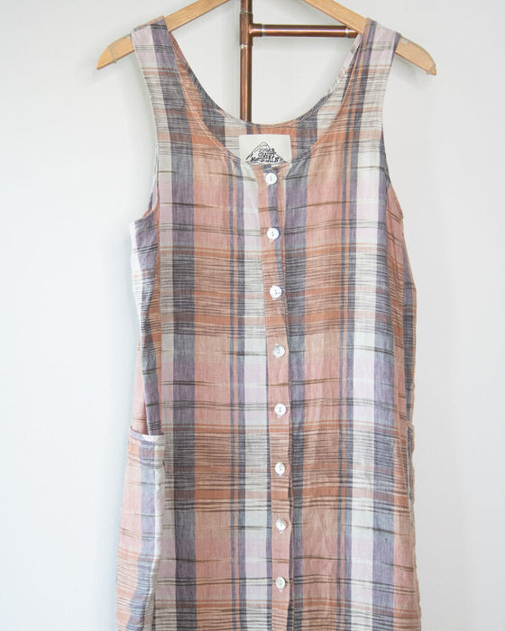 Linen Plaid Button Down Dress, Size M/L