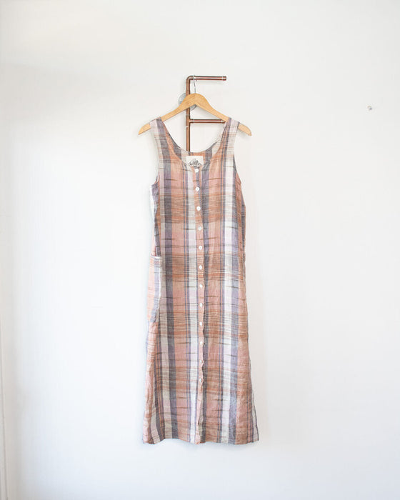 Linen Plaid Button Down Dress, Size M/L