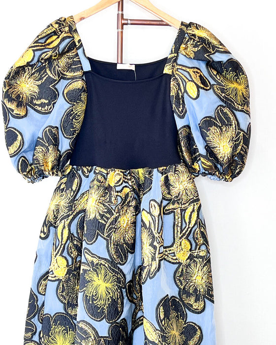 Puff Sleeve Gold Embroidered Dress