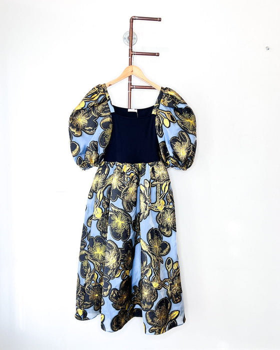 Puff Sleeve Gold Embroidered Dress