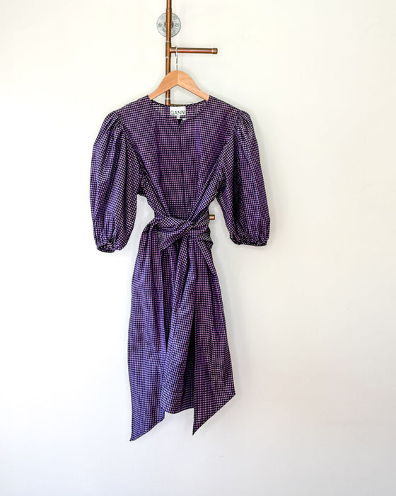 Gingham Puff Sleeve Midi w/ Sash Belt